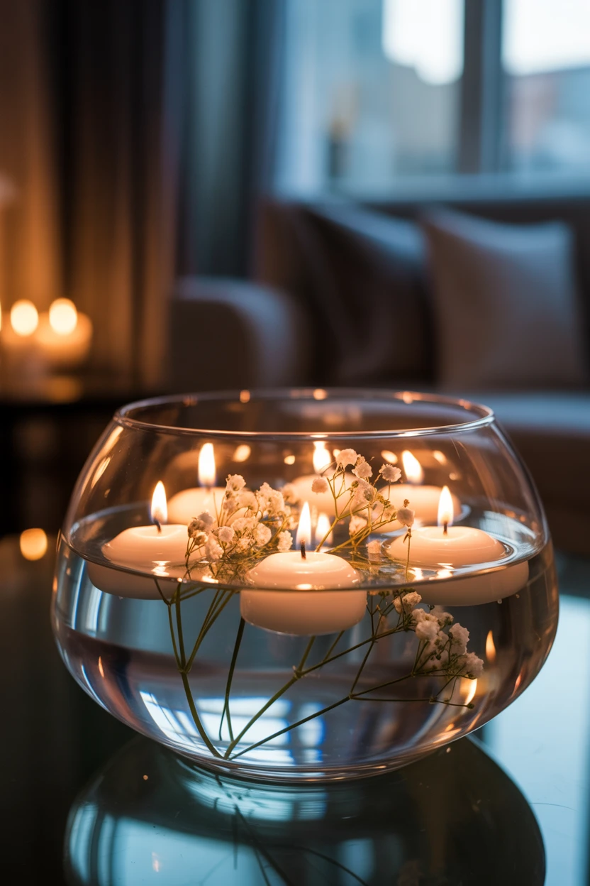 Floating Sprigs in a Candlelit Water Bowl