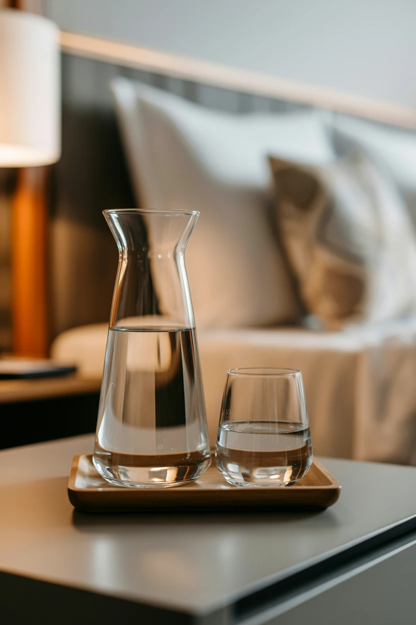 Offer a Carafe of Water with Two Elegant Glasses