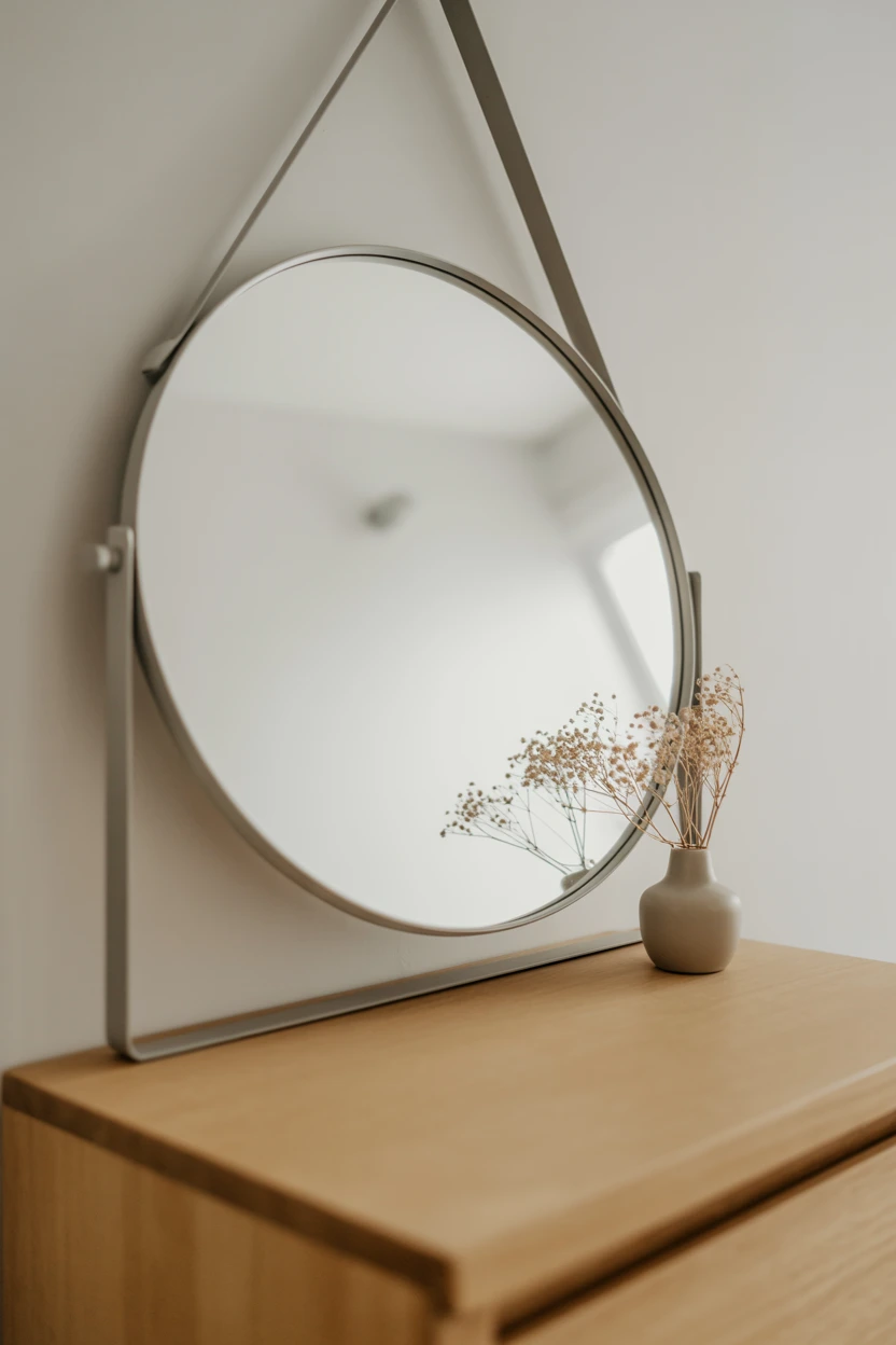 A Large, Round Mirror with a Thin Black Metal Frame