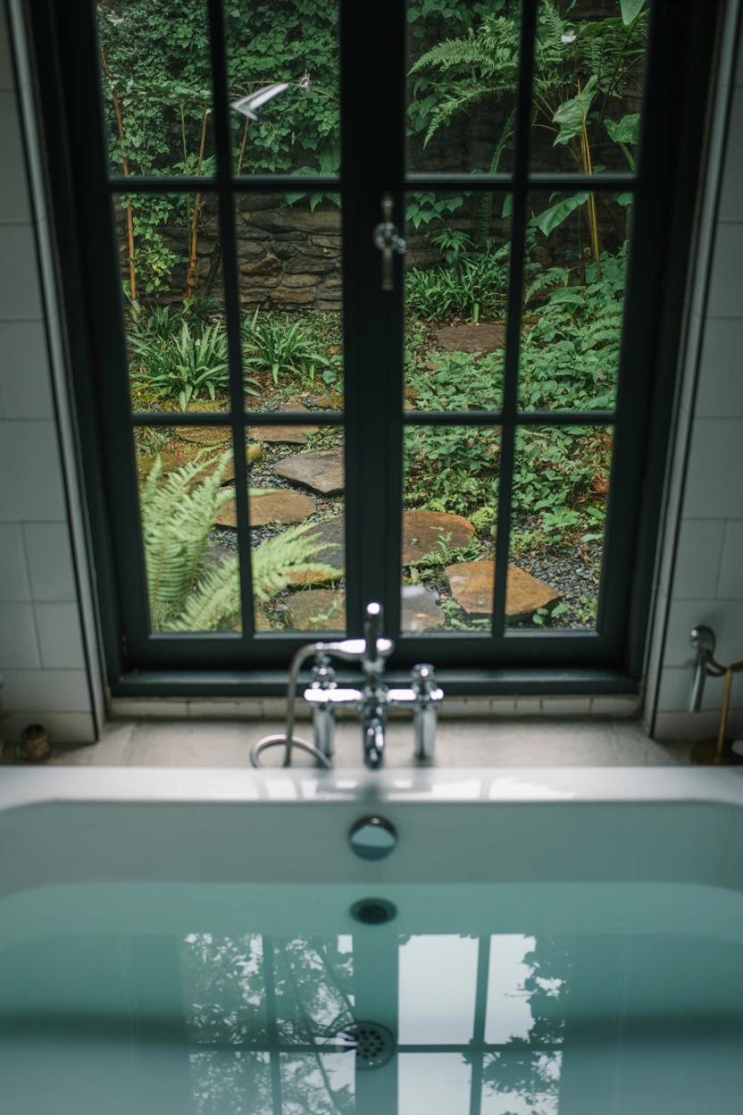 A Large Picture Window Overlooking a Private Garden