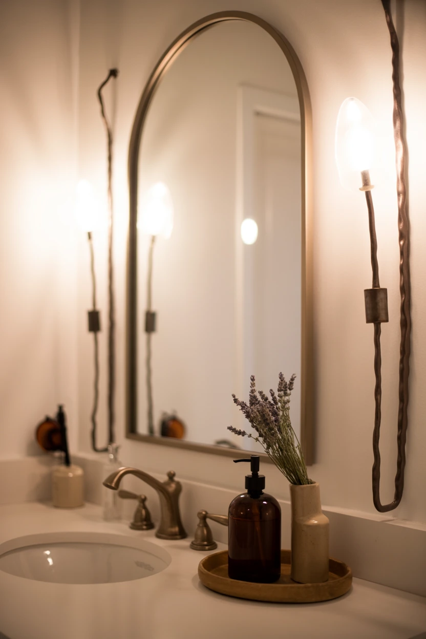 Vertical Iron Sconces Flanking an Arched Mirror