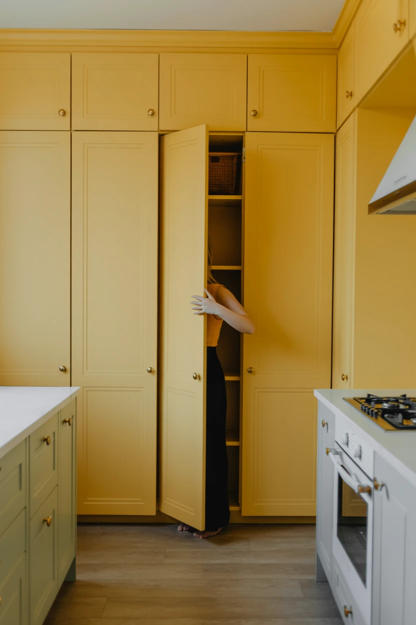 Create a Focal Point with a Single Wall of Yellow Pantry Cabinets