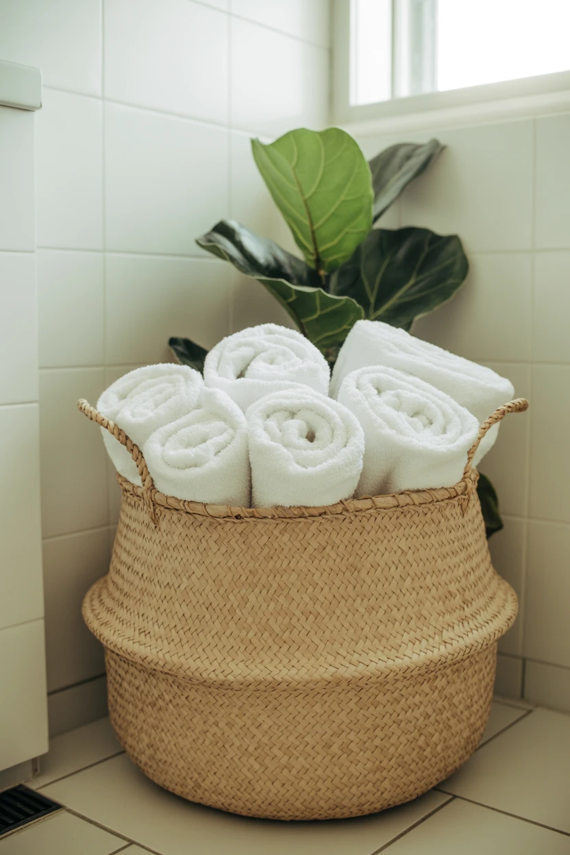 Use a Woven Basket for Rolled Towel Storage