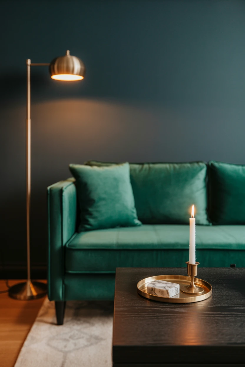 Pair an Emerald Velvet Sofa with Rich Brass Accents