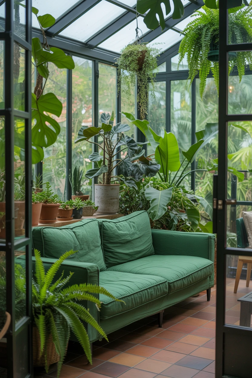 Fill a Sunroom with a Green Sofa and Abundant Plants