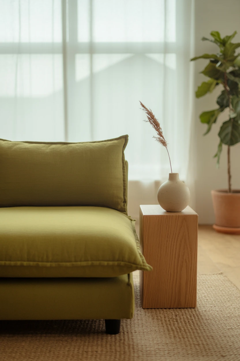 Create a Calm Oasis with an Olive Green Sofa and Natural Woods