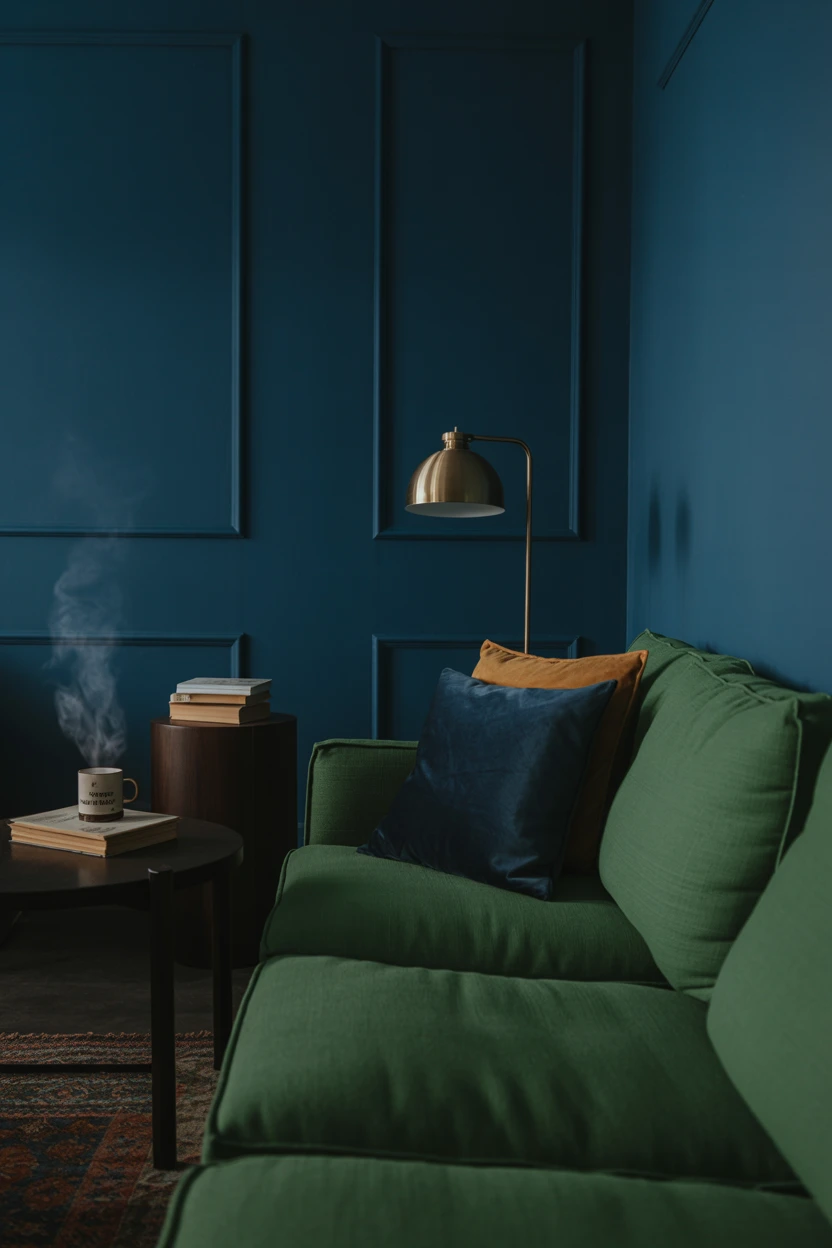 Combine a Green Sofa with a Deep, Inky Blue Wall