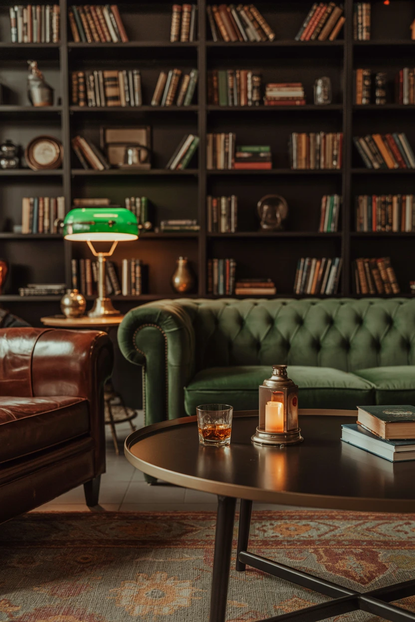 Go Moody with a Forest Green Sofa in a Dark Academia Setting