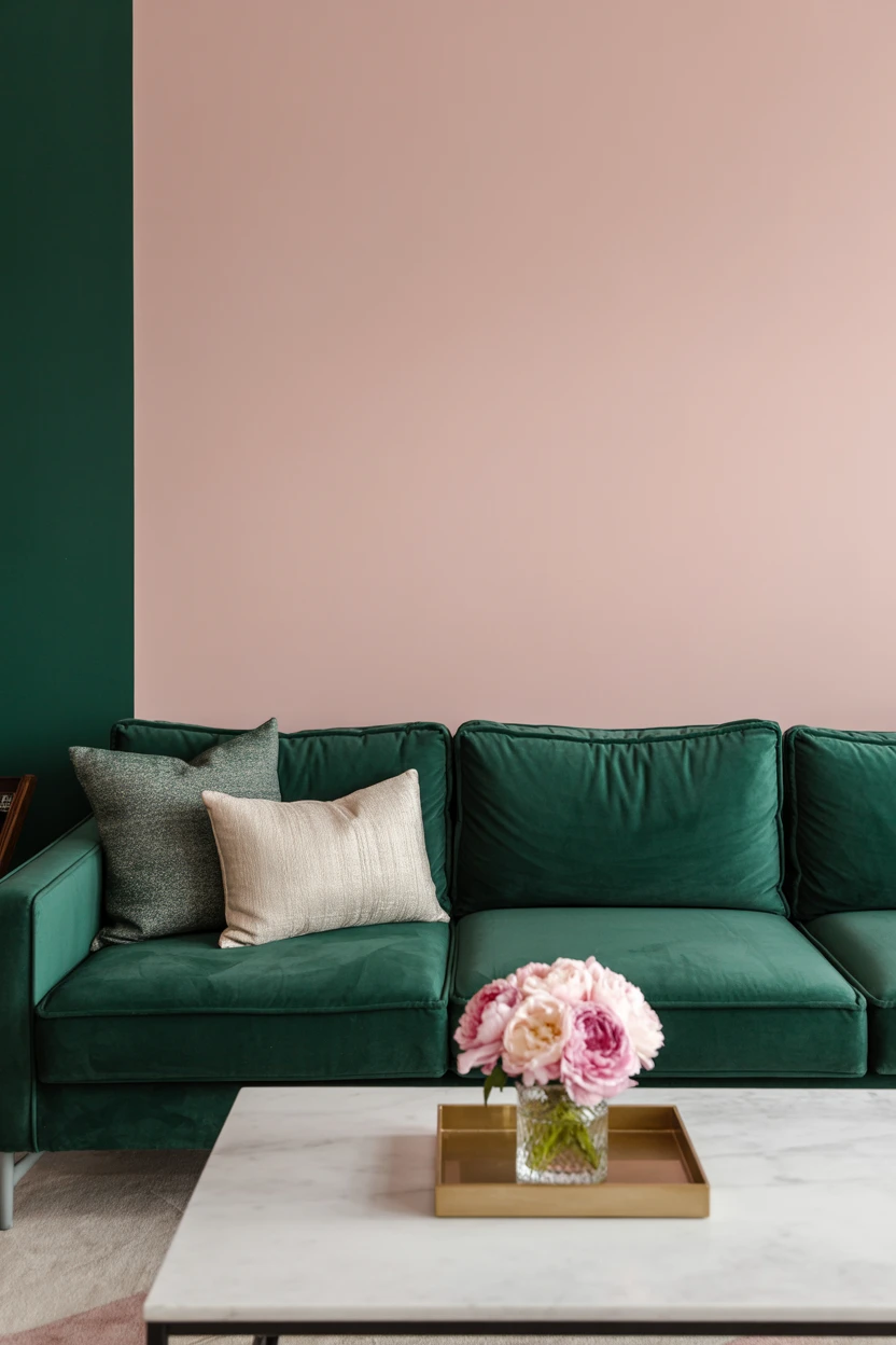 Contrast a Deep Green Sofa with Soft Blush Pink Walls