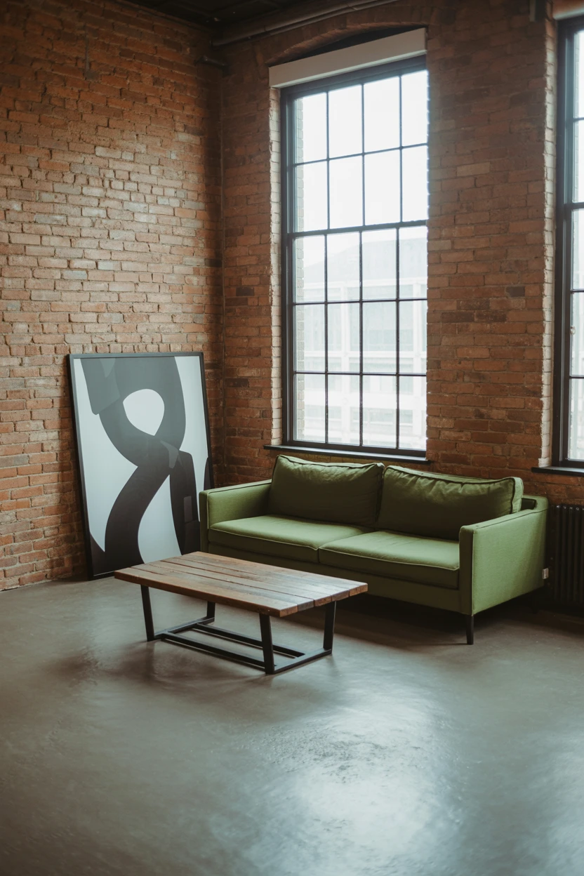 Go Industrial with a Green Sofa Against an Exposed Brick Wall