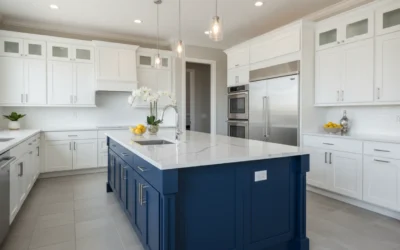 21 Stunning White Cabinets Paired With Blue Islands and White Quartz Countertops