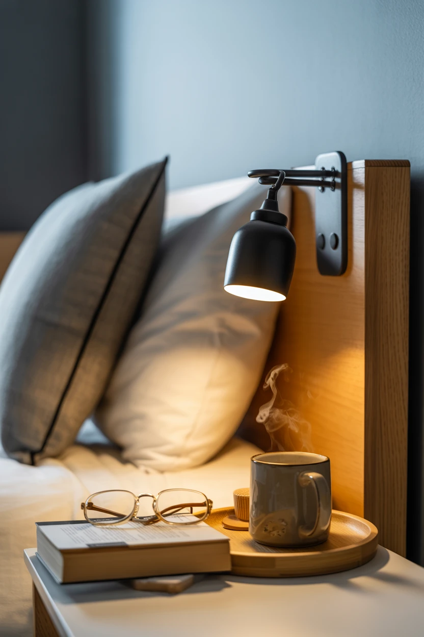 Style a Bedside Nook with a Clip-on Lamp and Tray