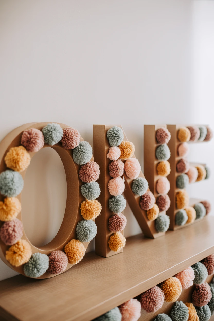 DIY Painted ONE Letters Covered in Pom-Poms