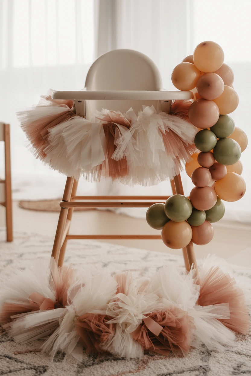 A Whimsical High Chair Tulle Skirt and Mini Balloon Garland