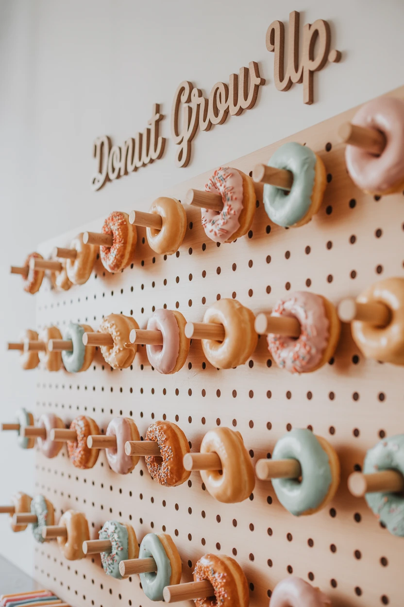 A Donut Wall with a Playful Donut Grow Up Sign