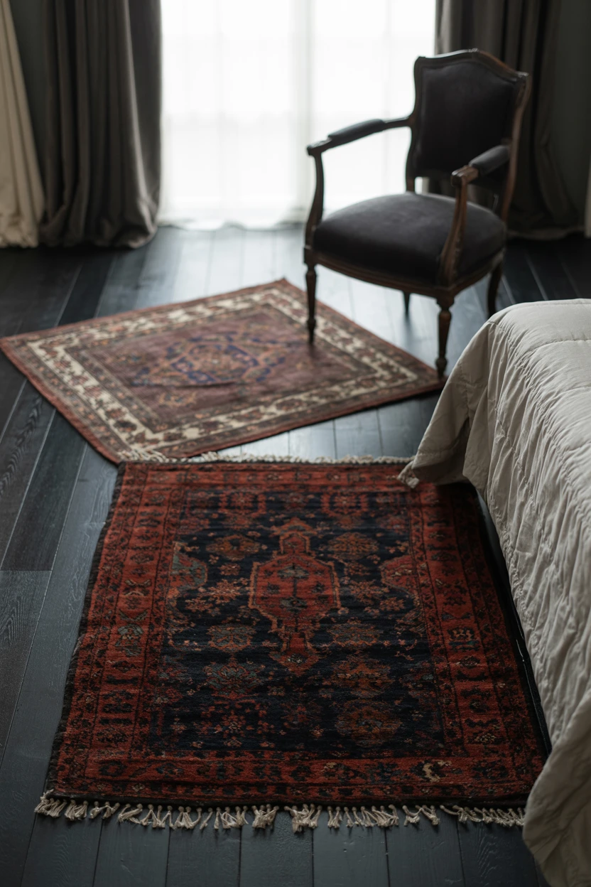 Layered Antique-Style Rugs on Dark Floors