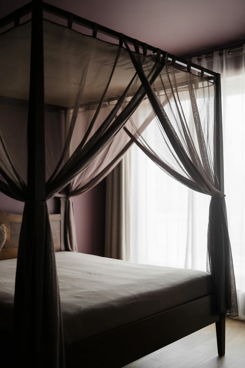 A Four-Poster Bed with Sheer Black Drapes