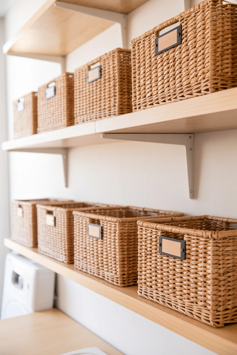Utilize Uniform Woven Baskets on Open Shelves