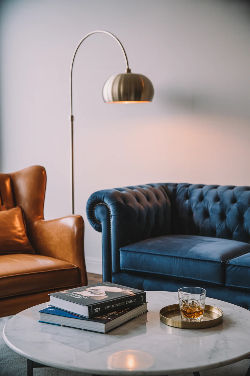 Pair a Navy Velvet Sofa With Warm Leather and Brass