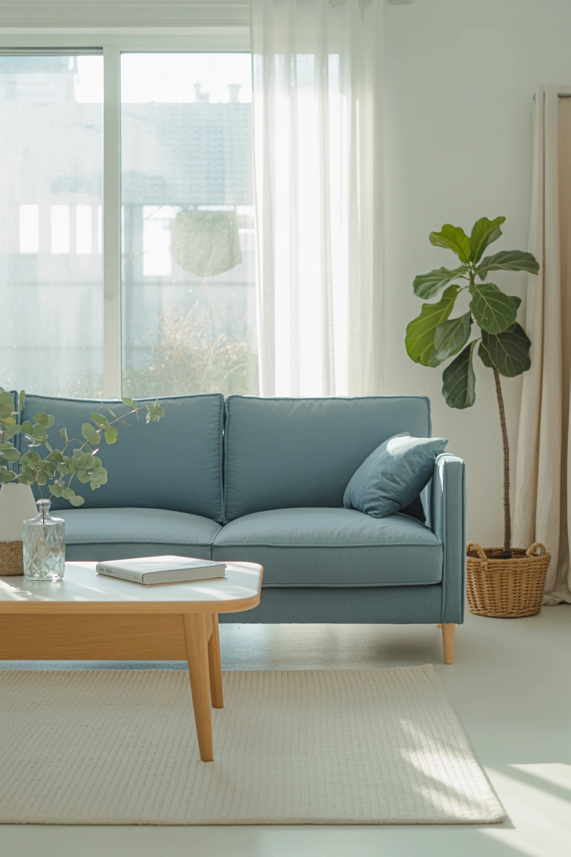 Create a Light and Airy Feel with a Dusty Blue Sofa and Natural Woods