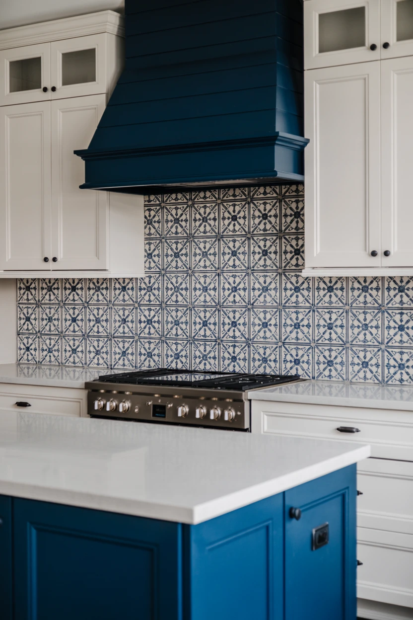 Navy Island Paired with a Bold, Patterned Backsplash