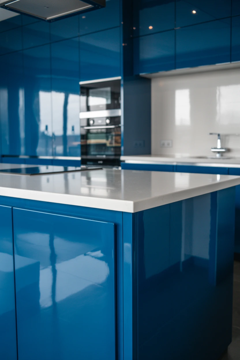 High-Gloss Blue Island for a Modern, Glamorous Look