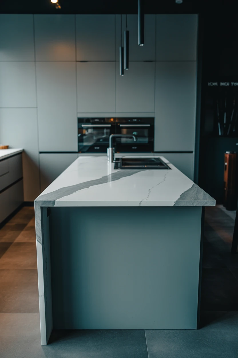 Moody Slate Blue Island with a Waterfall Quartz Edge