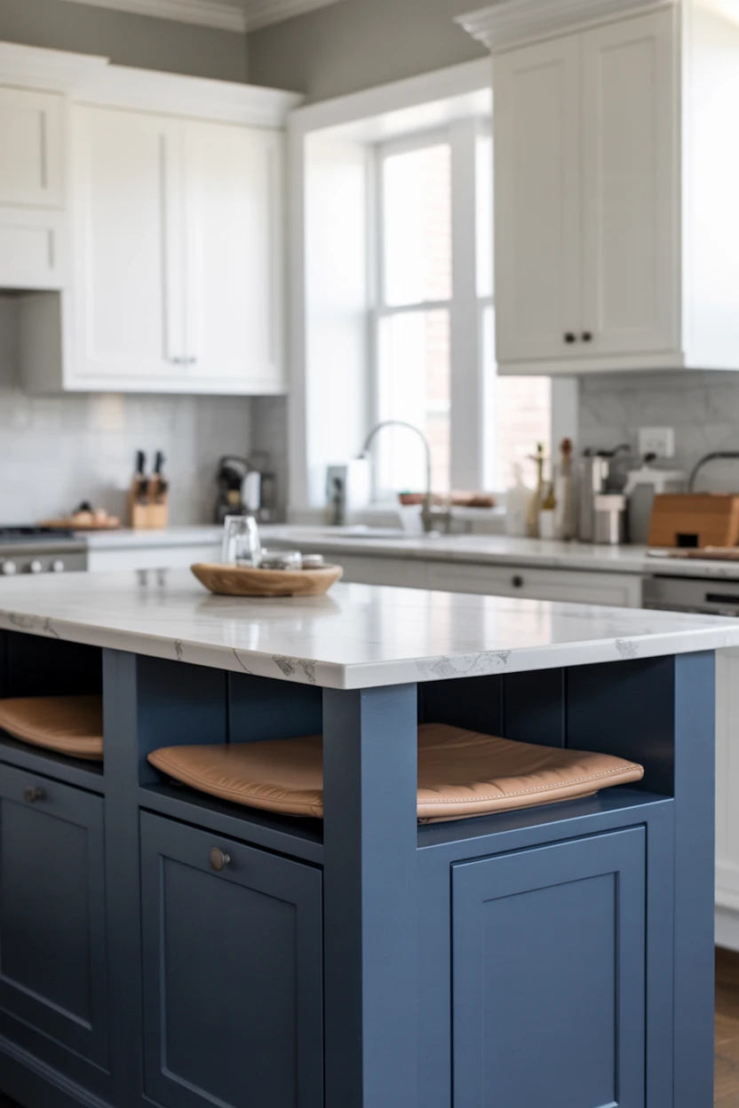 Two-Tone Island with a Blue Base and White Upper Cabinets