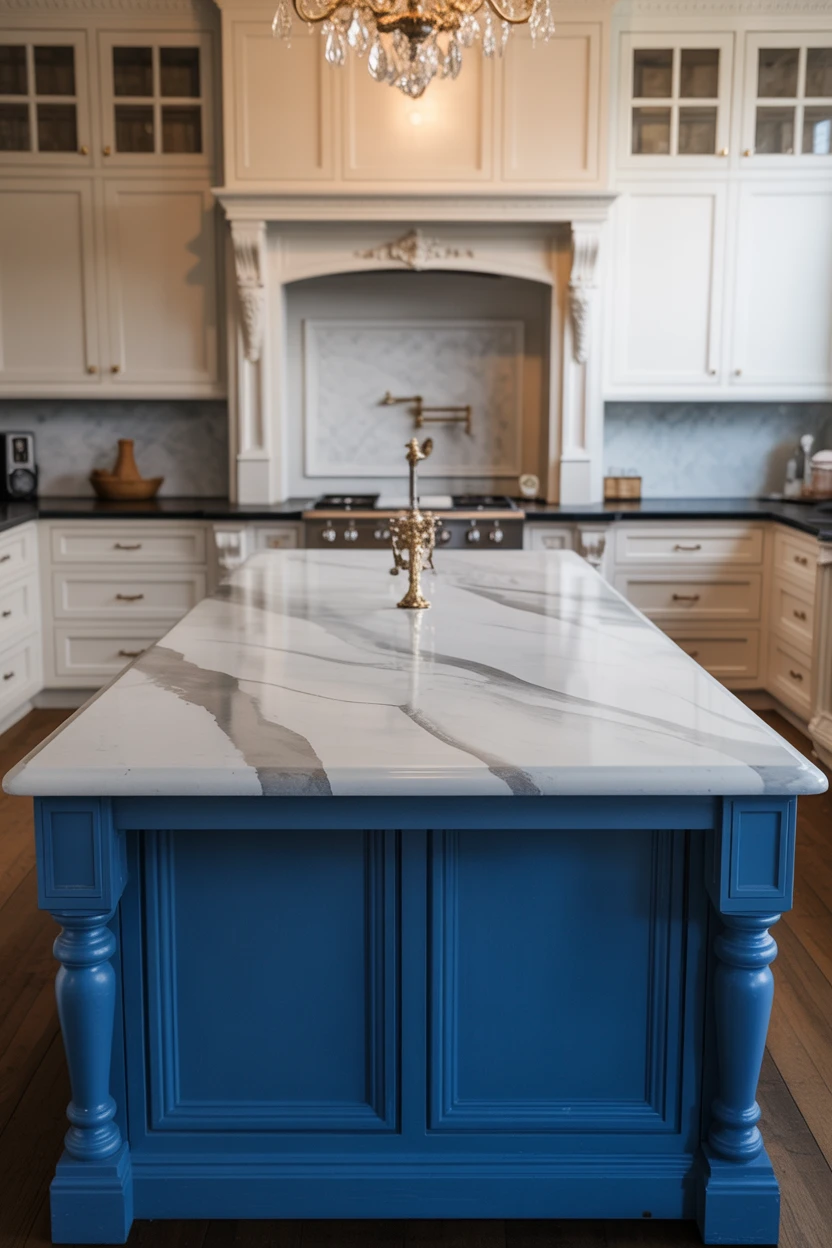 Traditional Kitchen with a Blue Island Featuring Ornate Legs