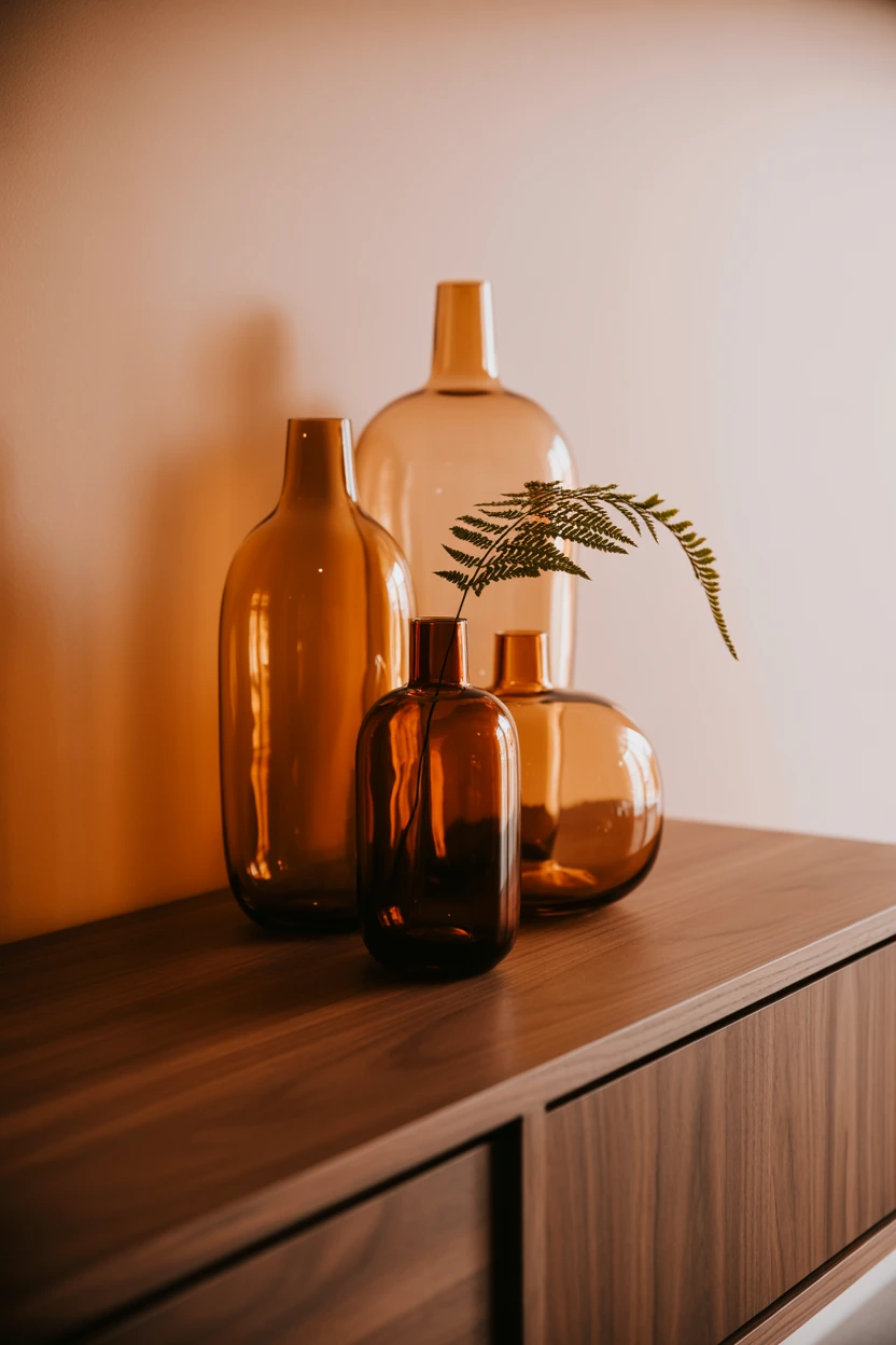 Cluster Amber Glass Vases and Bottles