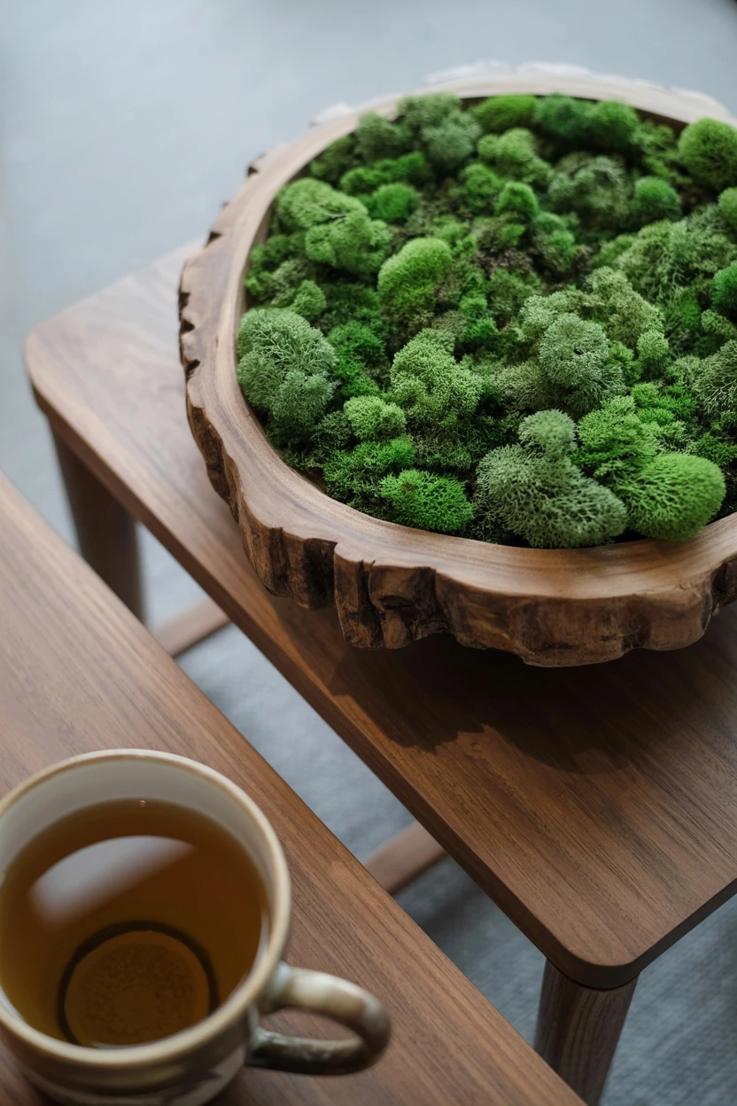 Use a Low Wooden Bowl of Moss as a Centerpiece