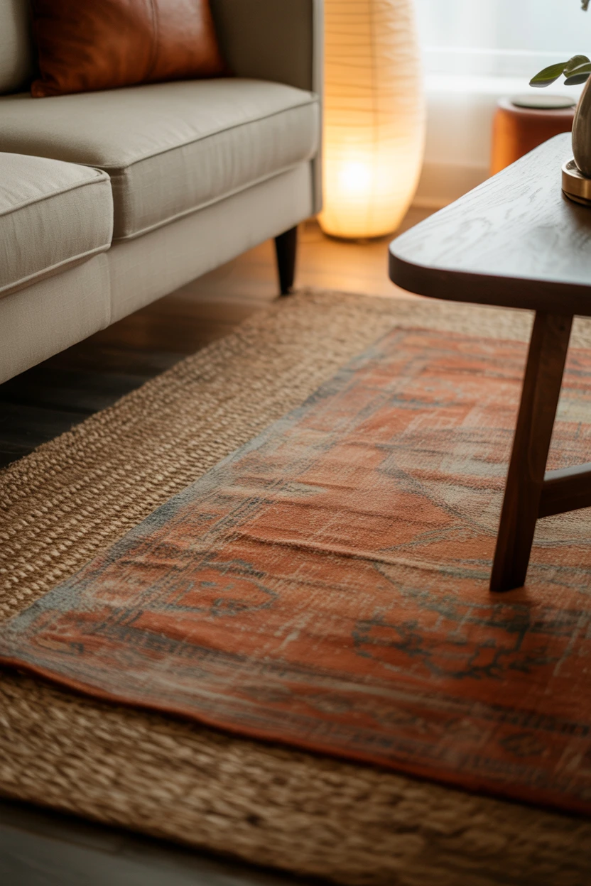 Layer a Jute Rug With a Smaller Vintage-Style Rug