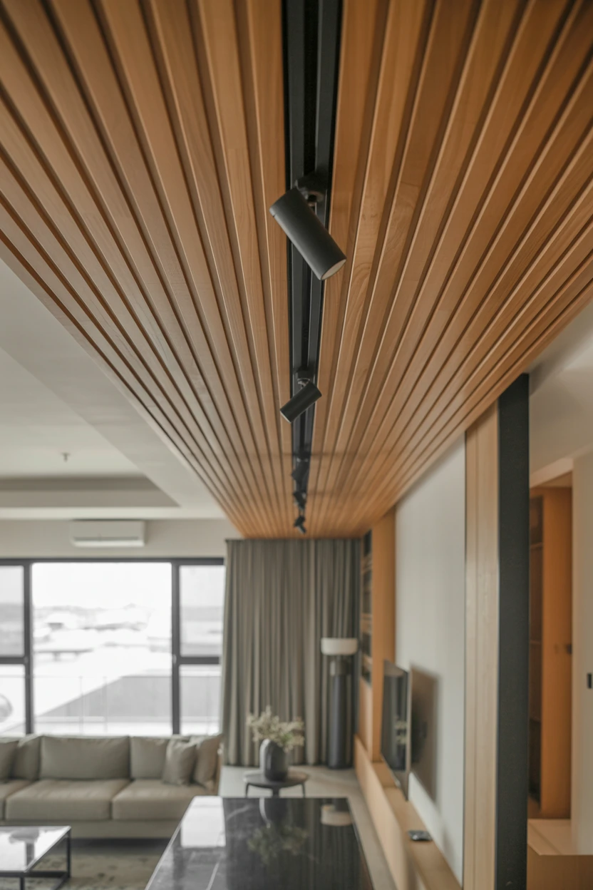 Install a Warm-Toned Narrow Wood Slat Ceiling