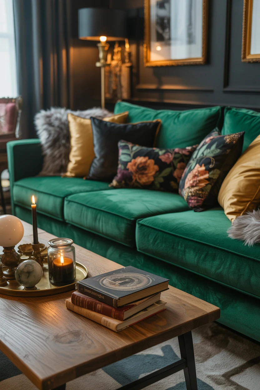 Anchor the Room With a Deep Jewel-Toned Velvet Sofa