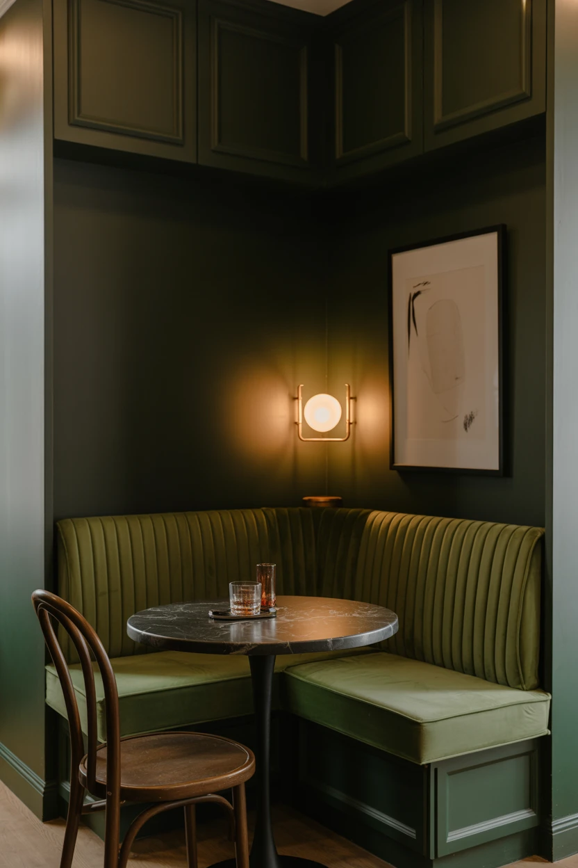 Deep Green Velvet for a Moody, Cafe-Like Corner
