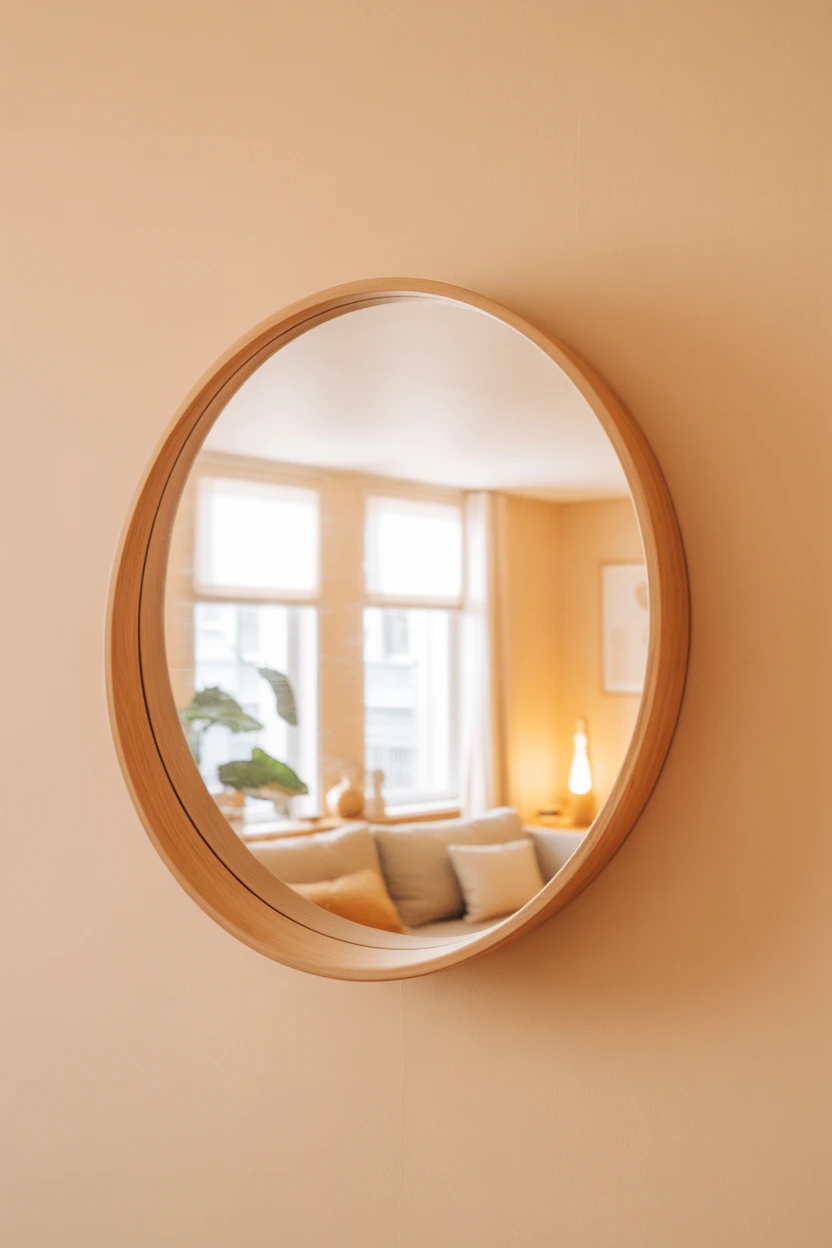 Use a Large, Round Mirror with a Thin Wooden Frame