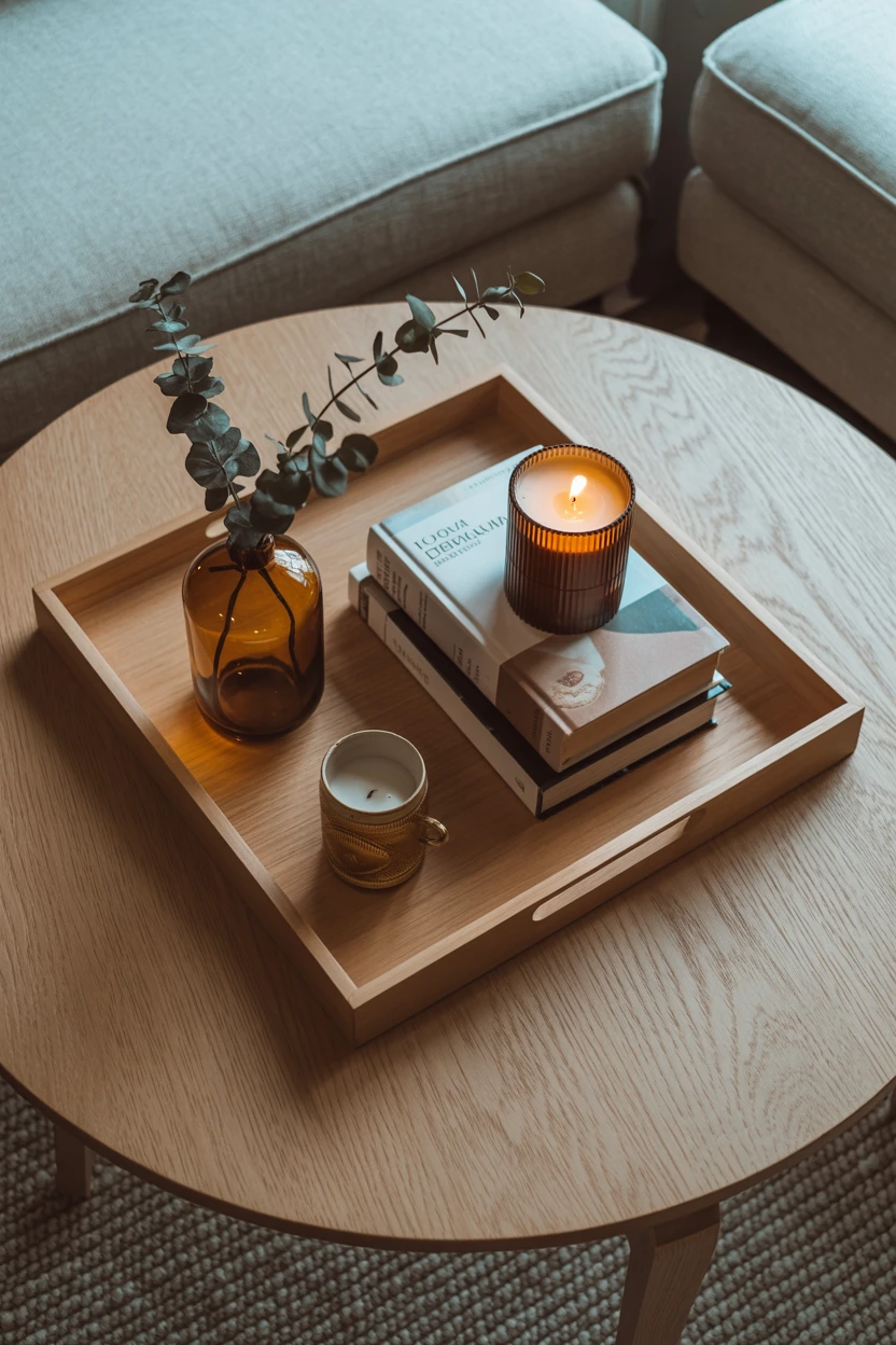 Style the Coffee Table With Wooden Trays and Amber Glass