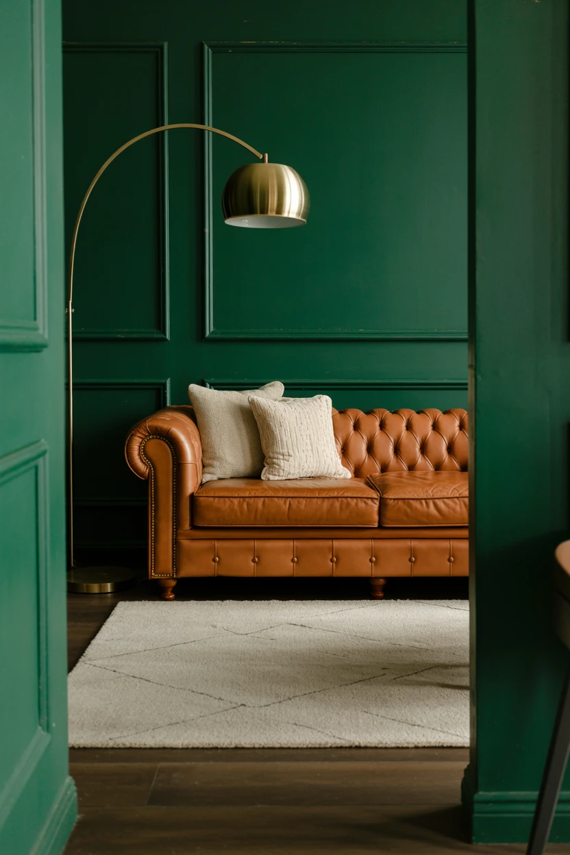 Pair Rich Emerald Green with a Cognac Leather Sofa
