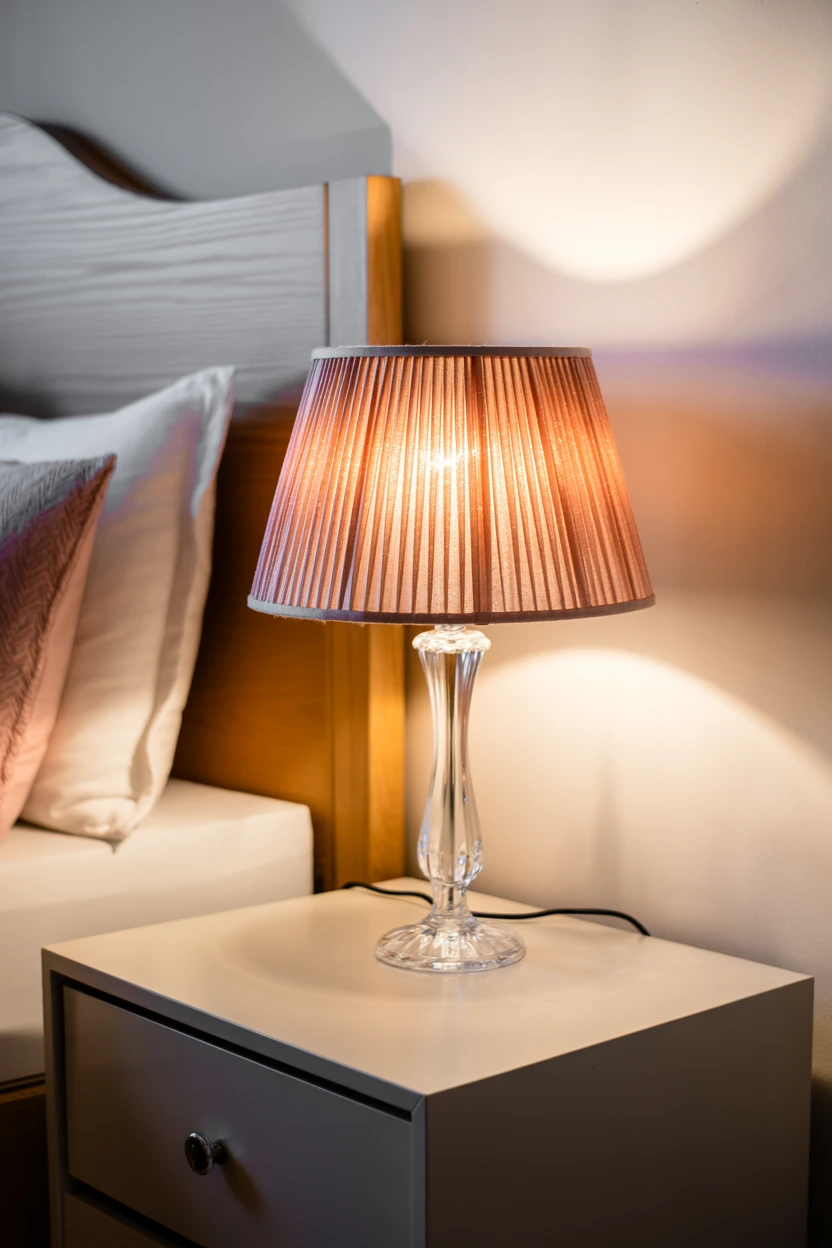 Place a Pleated Pink Lampshade on a Bedside Lamp