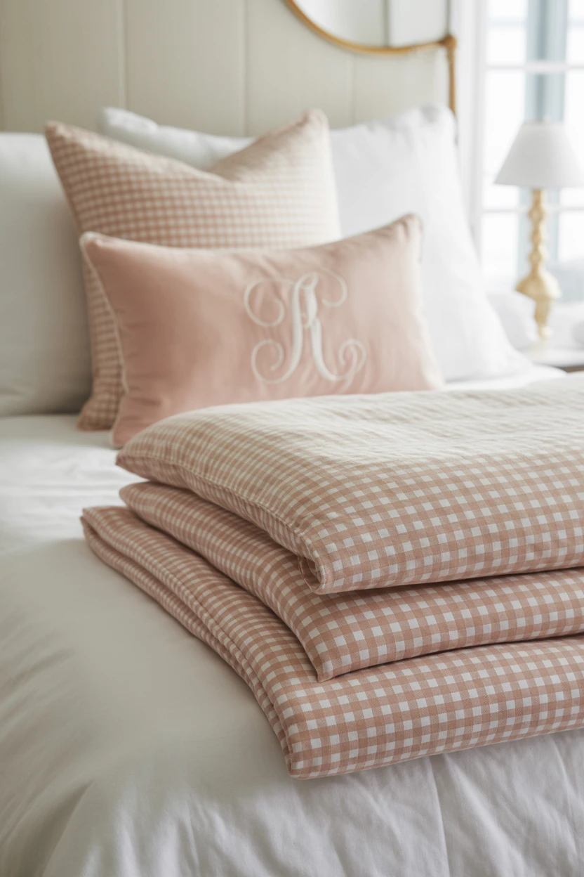Layer with Classic Pink and White Gingham Bedding