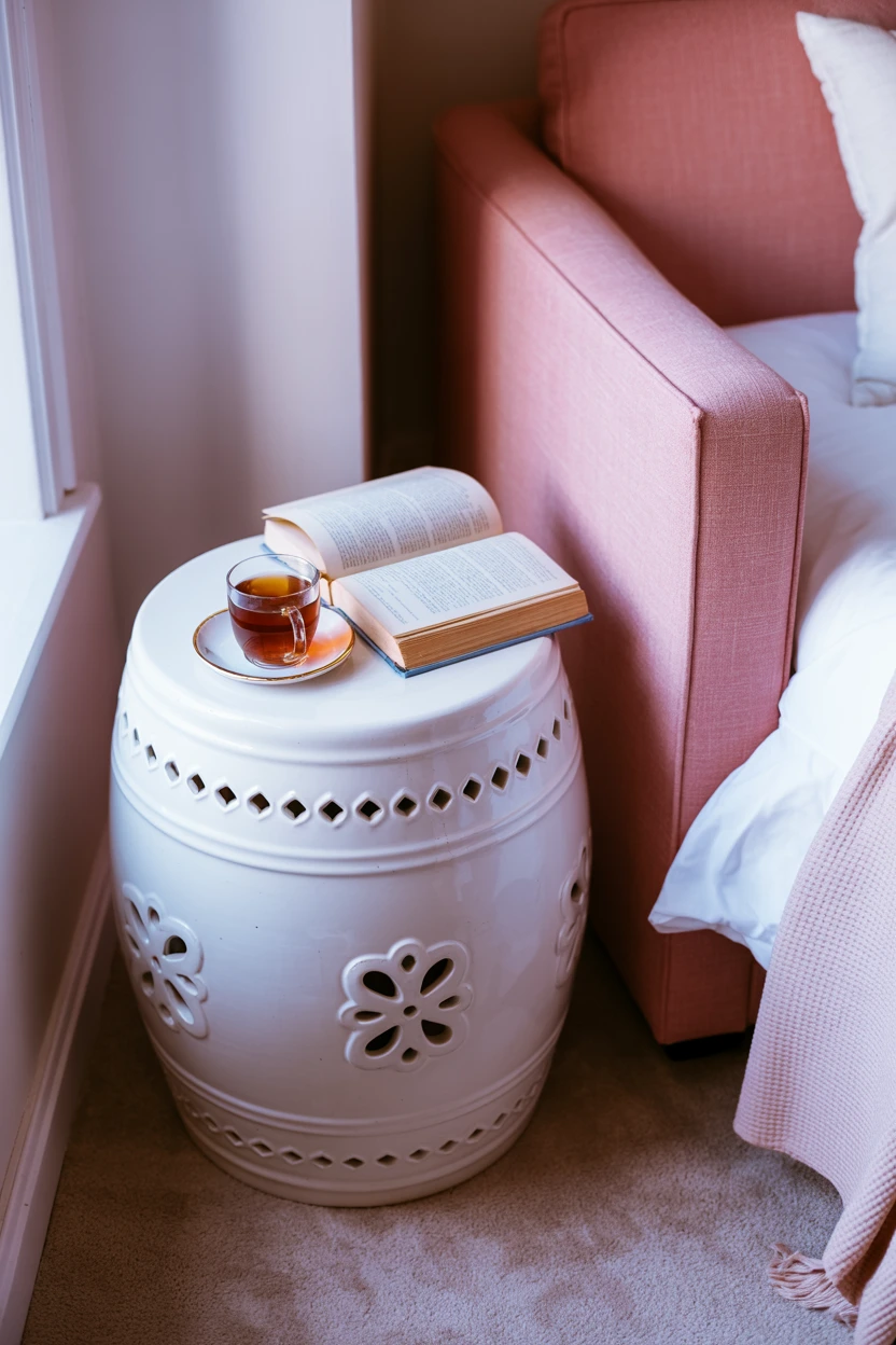 Add a Classic White Garden Stool as a Side Table