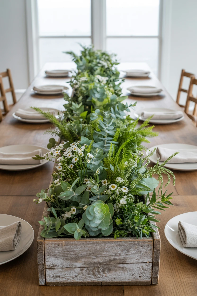 A Wooden Box Overflowing with Greenery and White
