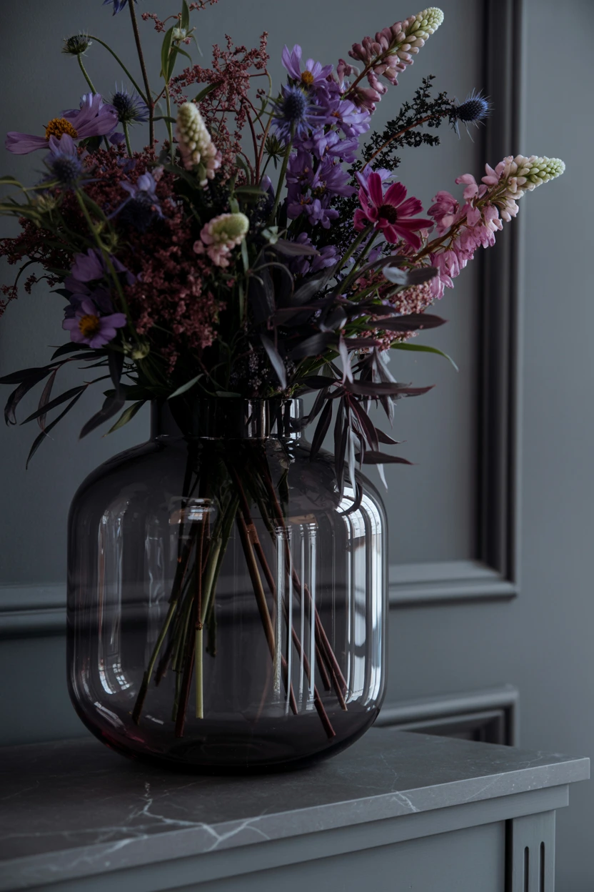 Moody Purples and Pinks in a Smoked Glass Vase