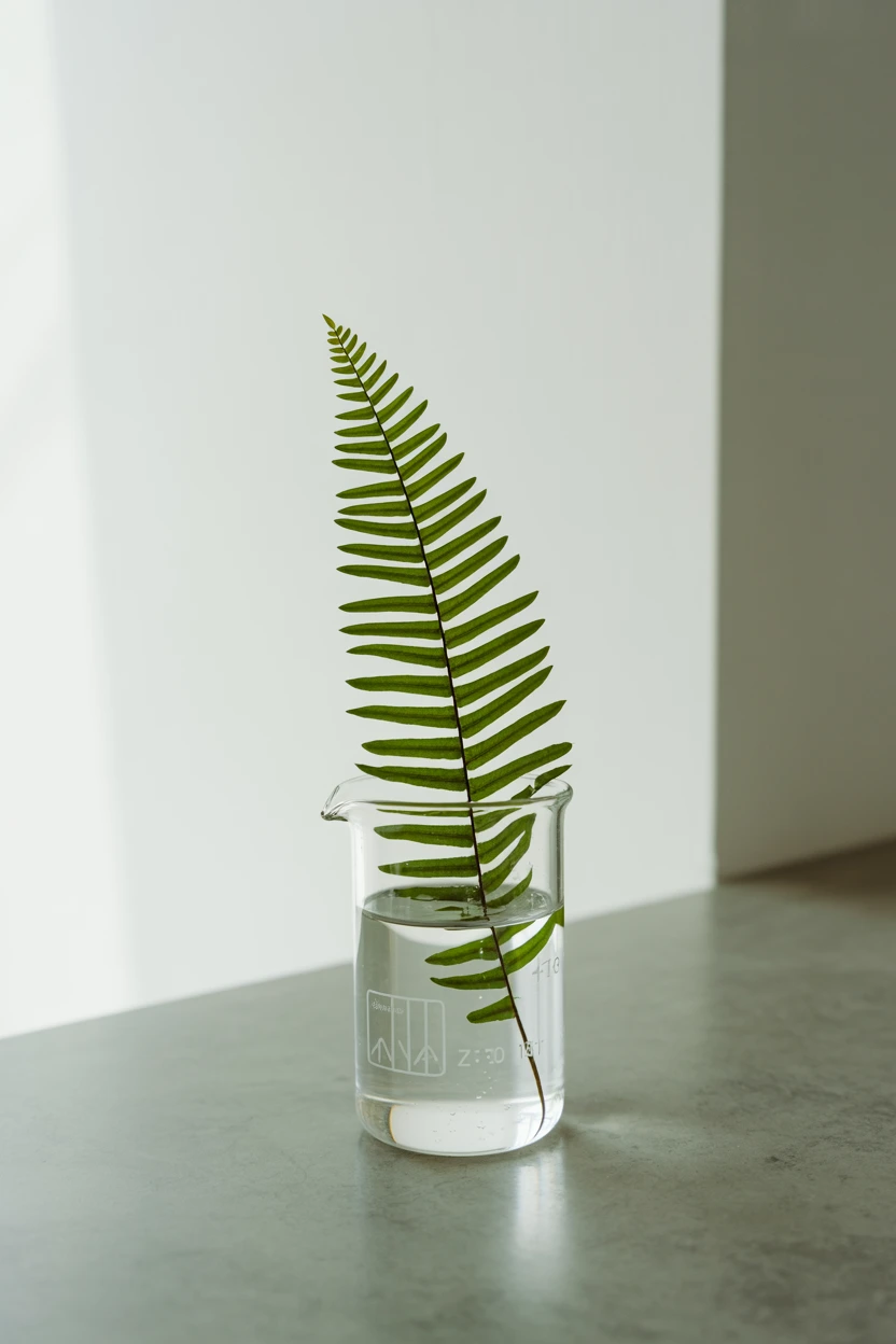 A Single Fern Frond in a Science Beaker