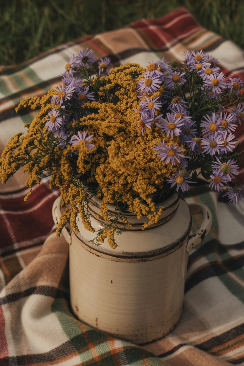 Goldenrod and Asters in a Vintage Crock