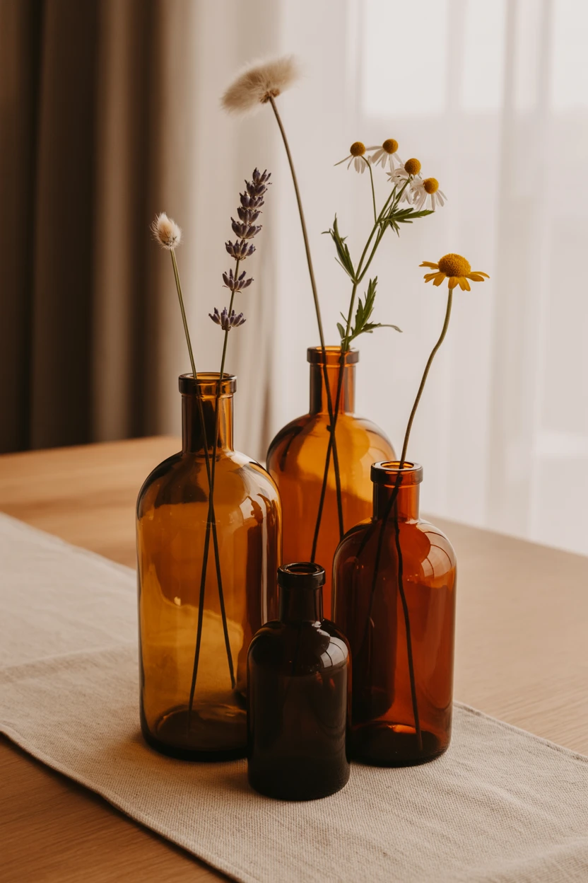 A Trio of Mismatched Amber Bottles