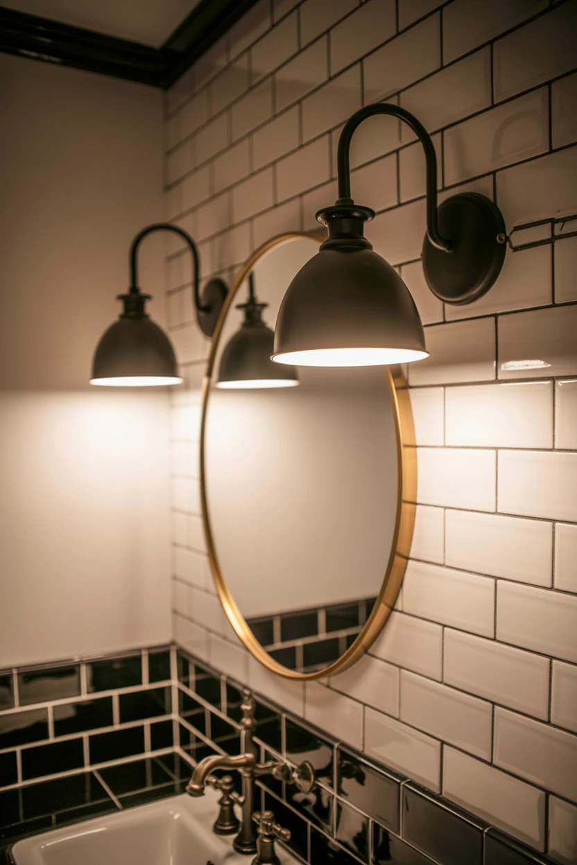 Install Gooseneck Sconces Flanking a Round Mirror