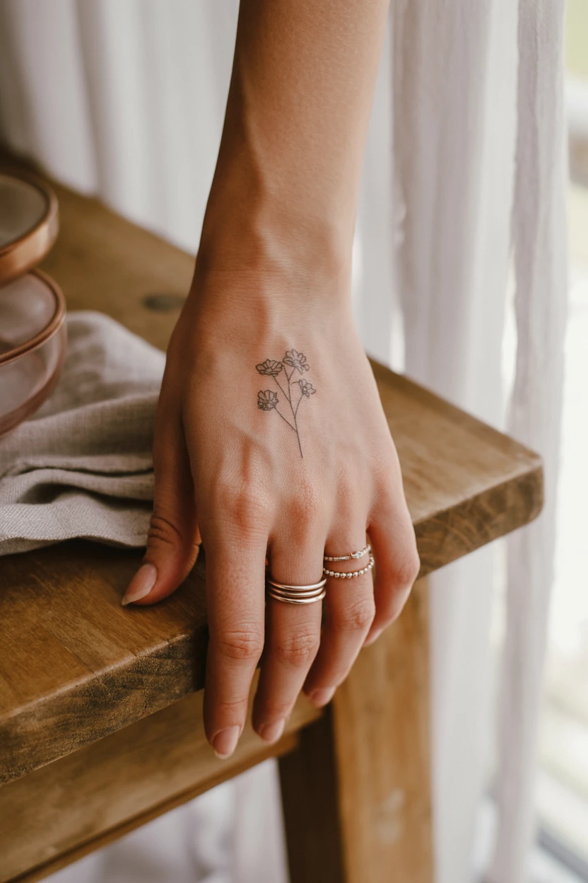 A Delicate Wildflower Sprig on the Back of the Hand