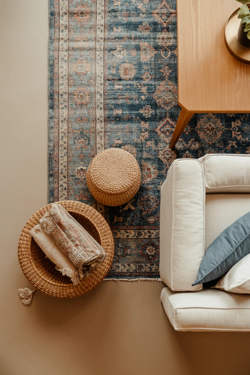 Layer a Faded Persian-Style Rug in Shades of Blue