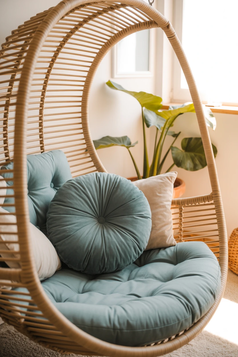 Introduce a Rattan Hanging Chair in a Sunny Corner